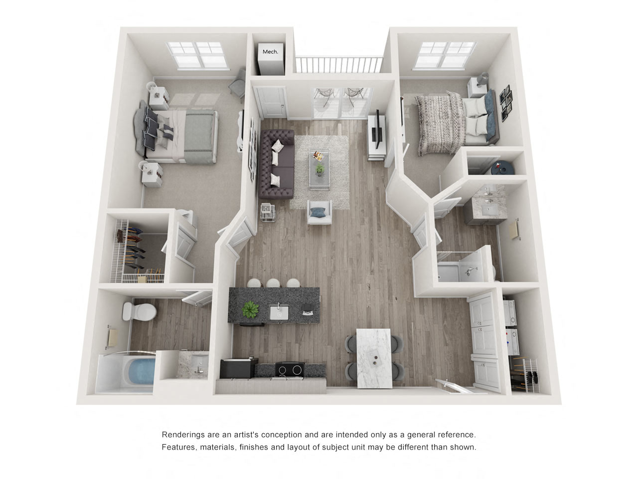 Floor plan for 2 beds, 2 baths, 1162 sqft